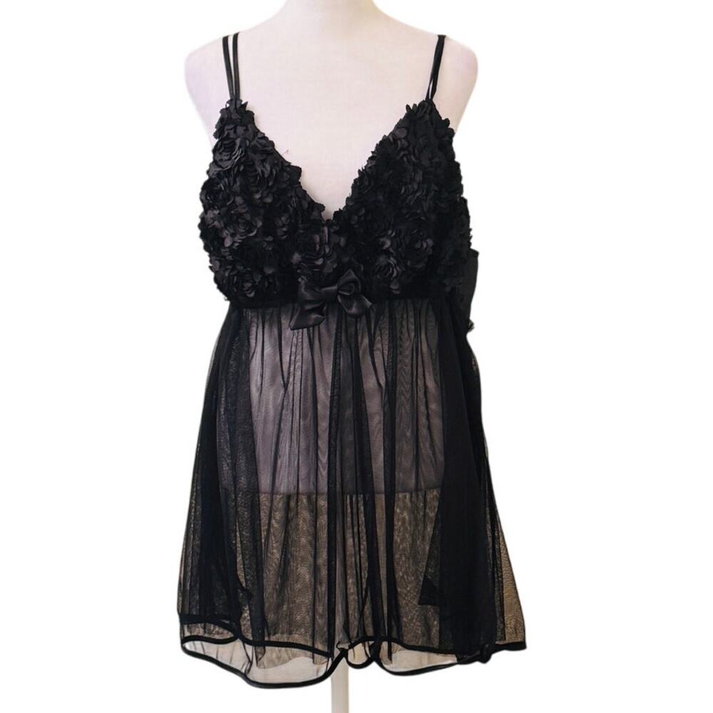 Flora Nikrooz Black Babydoll Bellflower Camidoll with Bikini Bottom Size 2XL